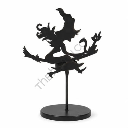 Black metal Halloween witch and cat silhouette candle holder for spooky tea light decor.