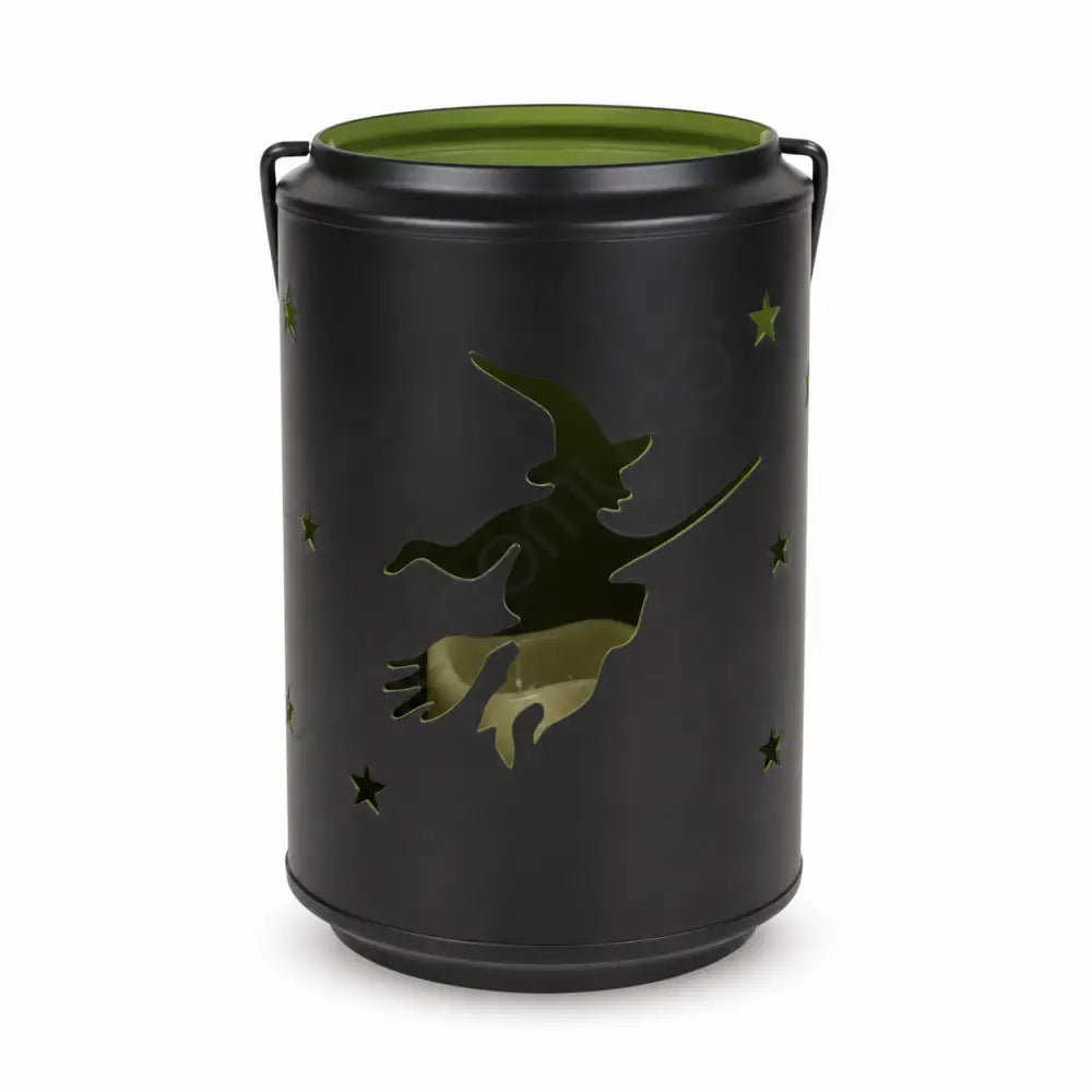 Black metal Halloween witch silhouette candle lantern holder with star cutouts for spooky home decor.