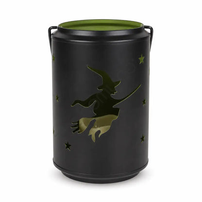 Black metal Halloween witch silhouette candle lantern holder with star cutouts for spooky home decor.