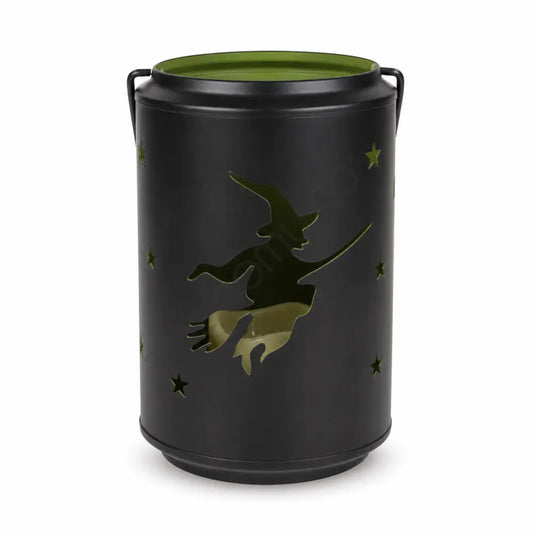 Black metal Halloween witch silhouette candle lantern holder with star cutouts for spooky home decor.