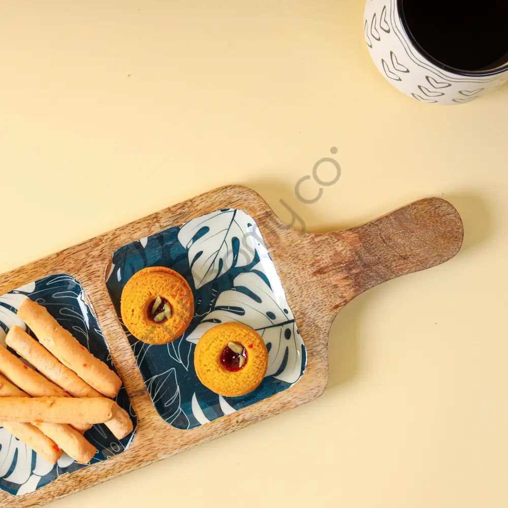 Handcrafted 3-compartment wooden snack serving platter with decorative decal interiors. - 3