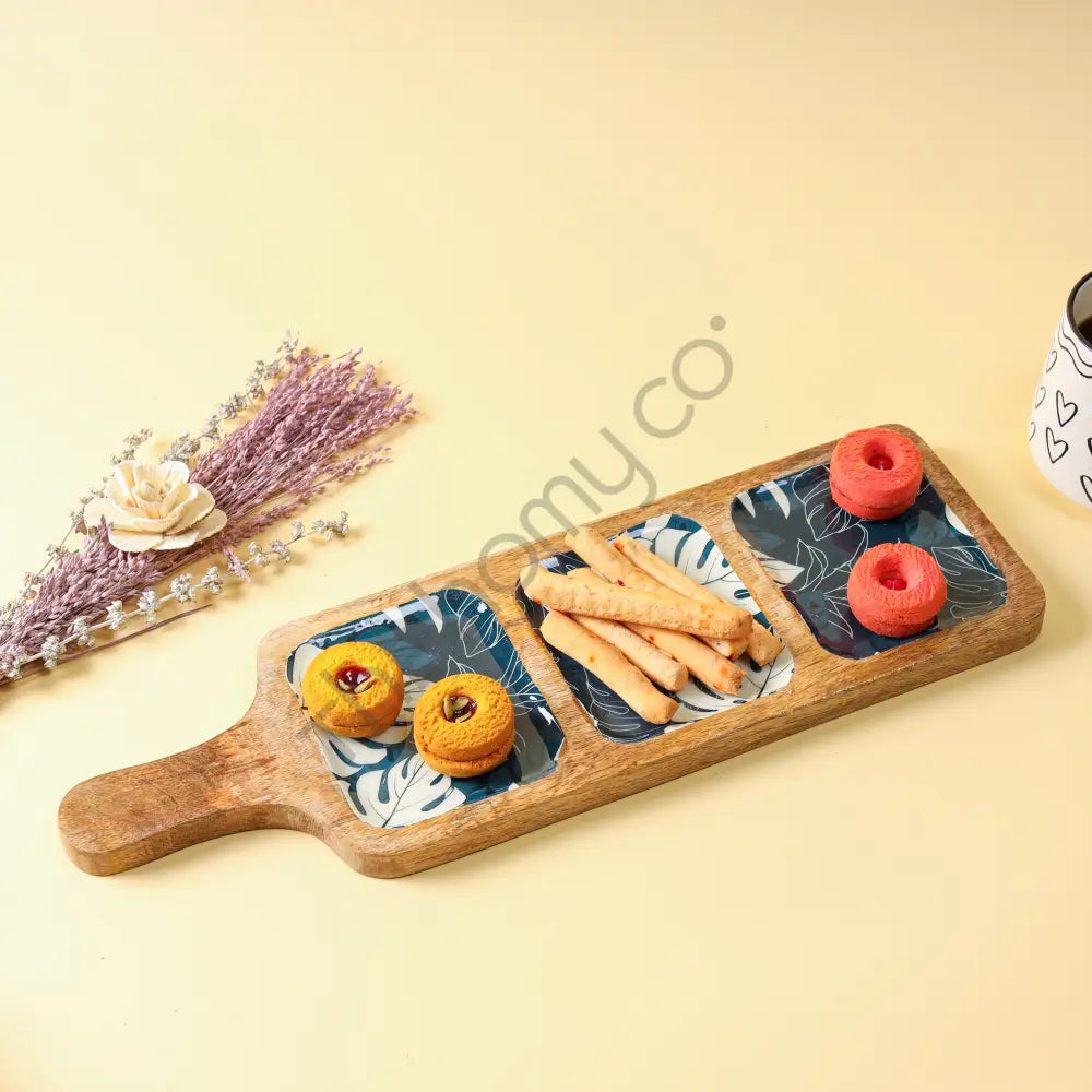 Handcrafted 3-compartment wooden snack serving platter with decorative decal interiors. - 4