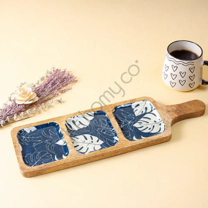 Handcrafted 3-compartment wooden snack serving platter with decorative decal interiors.
