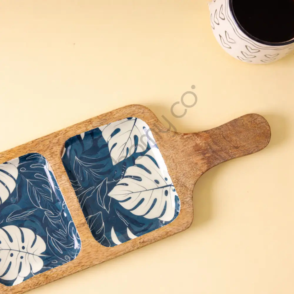 Handcrafted 3-compartment wooden snack serving platter with decorative decal interiors. - 2