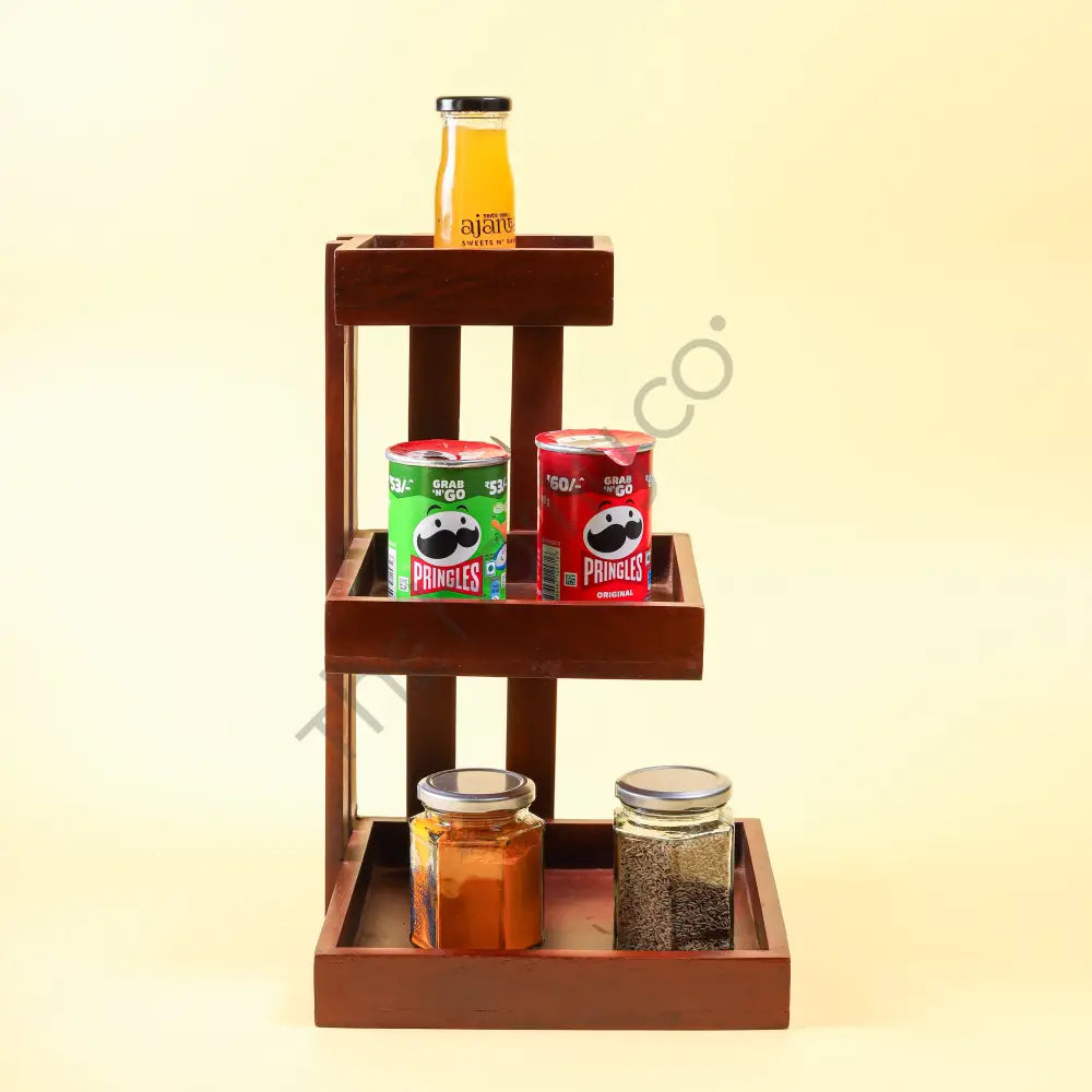 Handcrafted 3-tier wooden serving and display stand for kitchen counter and table organization. - 2