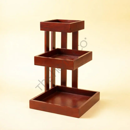 Handcrafted 3-tier wooden serving and display stand for kitchen counter and table organization.