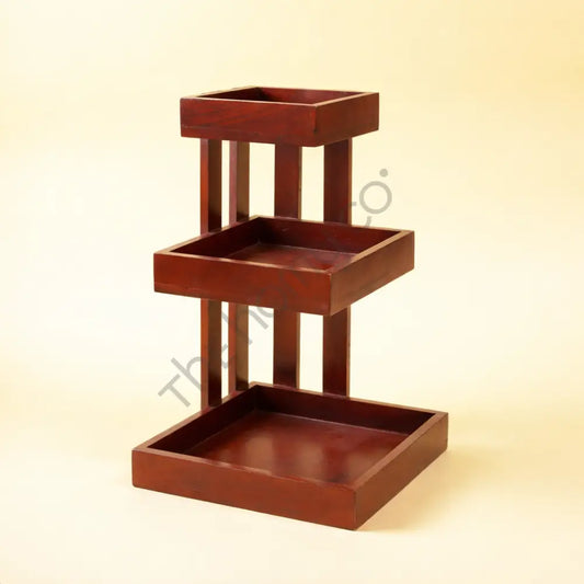Handcrafted 3-tier wooden serving and display stand for kitchen counter and table organization.