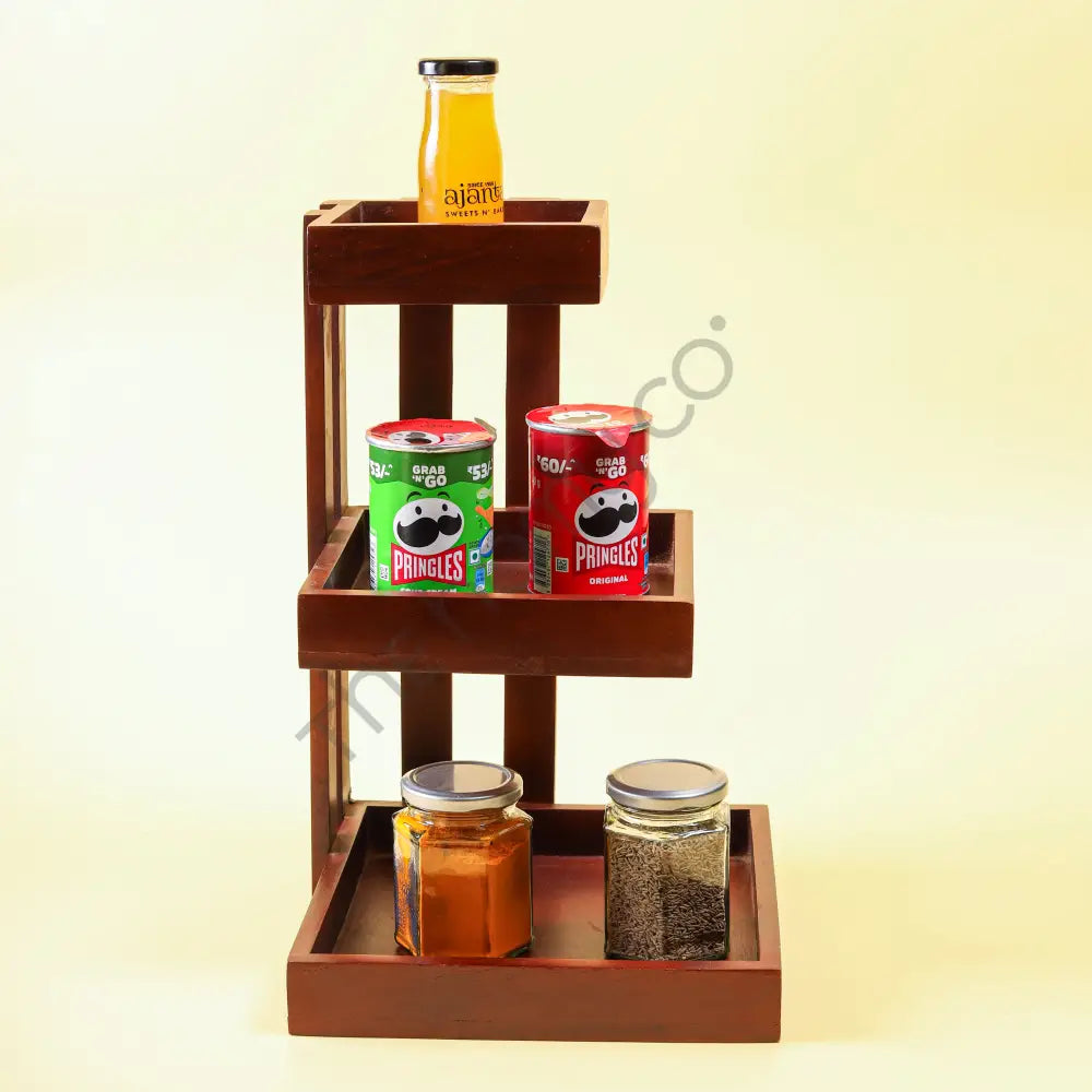 Handcrafted 3-tier wooden serving and display stand for kitchen counter and table organization. - 5