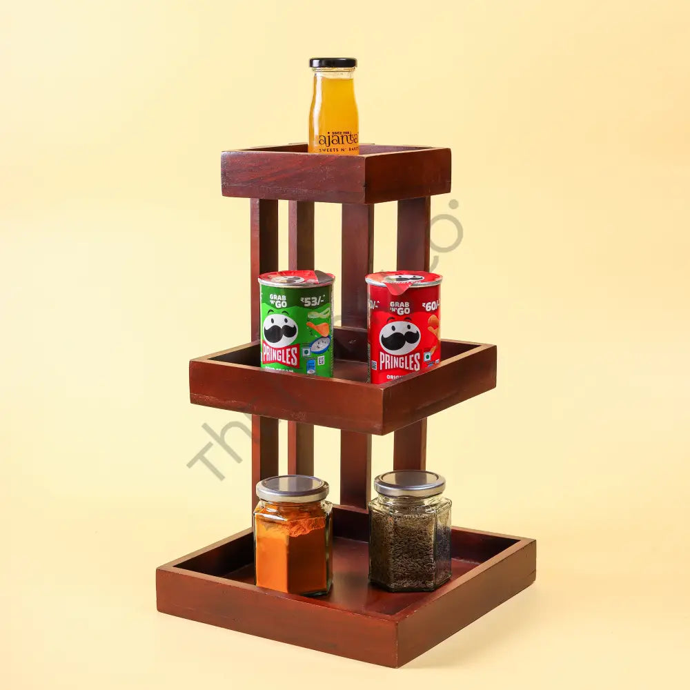 Handcrafted 3-tier wooden serving and display stand for kitchen counter and table organization. - 4