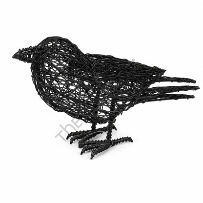 Handcrafted black wire bird sculpture with minimalist woven metal design for modern tabletop decor.