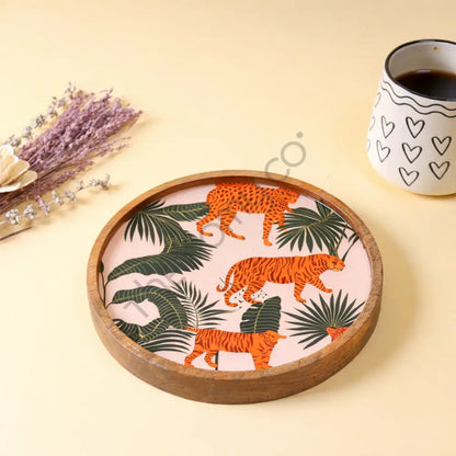Handcrafted round wooden serving platter with jungle-themed wildlife and tropical leaf decaling for rustic home decor. - 3