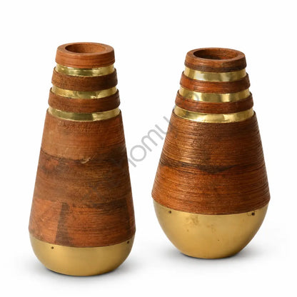 Set of two handcrafted wooden flower vases with elegant brass accents and a modern conical silhouette for home decor.