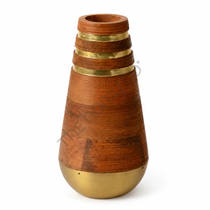 Set of two handcrafted wooden flower vases with elegant brass accents and a modern conical silhouette for home decor. - 3