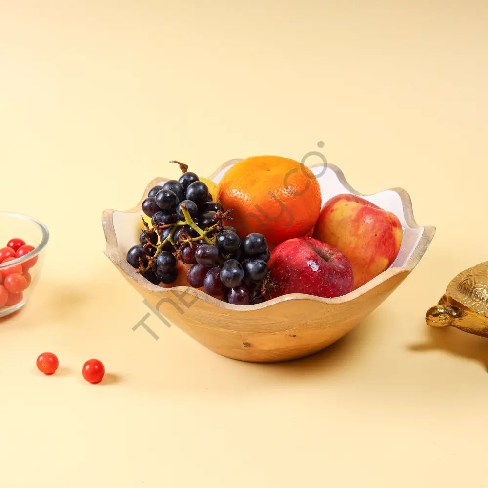 Handcrafted wooden scalloped serving bowl with floral decal interior for kitchen and dining decor. - 5