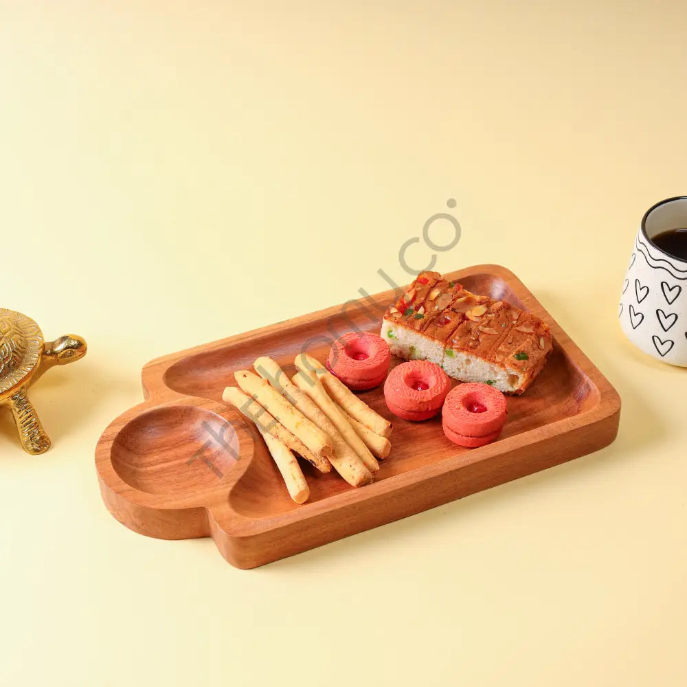 Handcrafted wooden serving platter with integrated dip bowl for snacks and appetizers. - 2