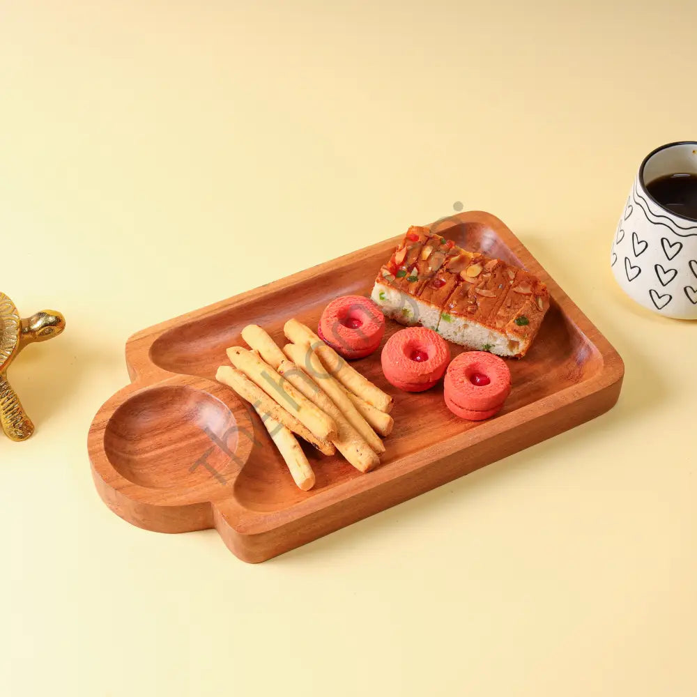 Handcrafted wooden serving platter with integrated dip bowl for snacks and appetizers. - 3
