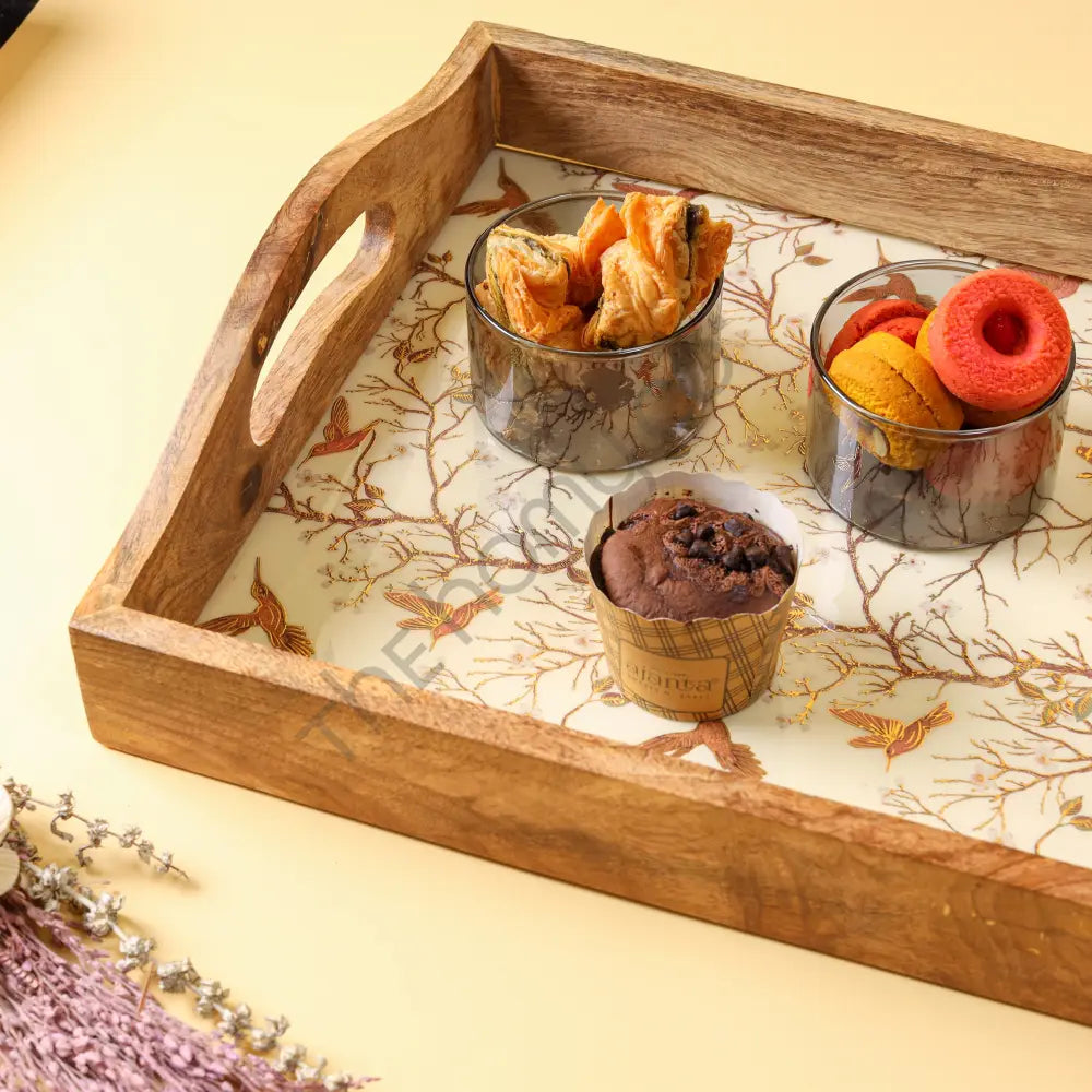 Handcrafted rectangular wooden serving tray with an elegant bird pattern decal and side handles for home decor. - 3