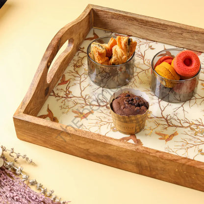 Handcrafted rectangular wooden serving tray with an elegant bird pattern decal and side handles for home decor. - 3