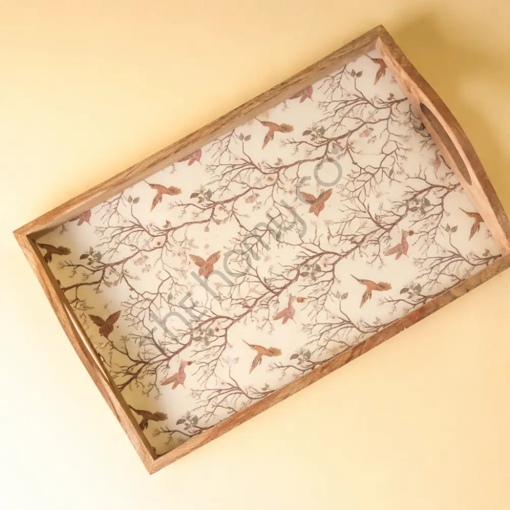Handcrafted rectangular wooden serving tray with an elegant bird pattern decal and side handles for home decor. - 2