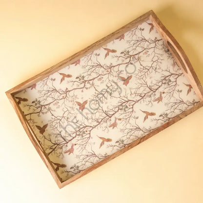Handcrafted rectangular wooden serving tray with an elegant bird pattern decal and side handles for home decor. - 2