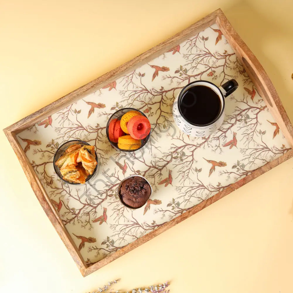 Handcrafted rectangular wooden serving tray with an elegant bird pattern decal and side handles for home decor. - 4