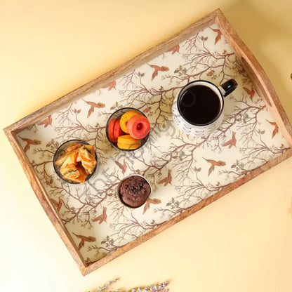 Handcrafted rectangular wooden serving tray with an elegant bird pattern decal and side handles for home decor. - 4