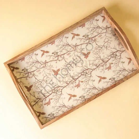 Handcrafted Wooden Serving Tray with Bird Pattern Decal - Wooden Tray