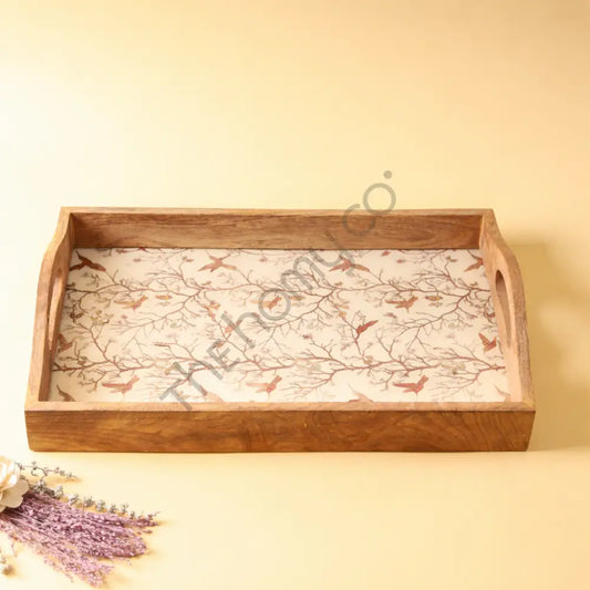 Handcrafted Wooden Serving Tray with Bird Pattern Decal - Wooden Tray