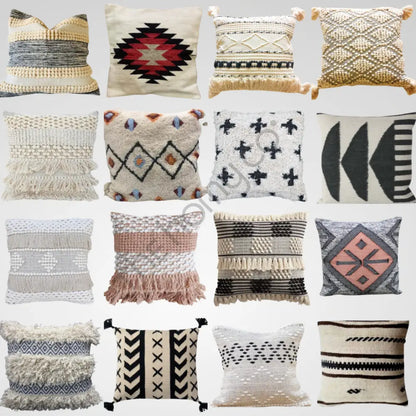 Handwoven black and white geometric cotton cushion cover with tufted textures for boho home decor. - 3