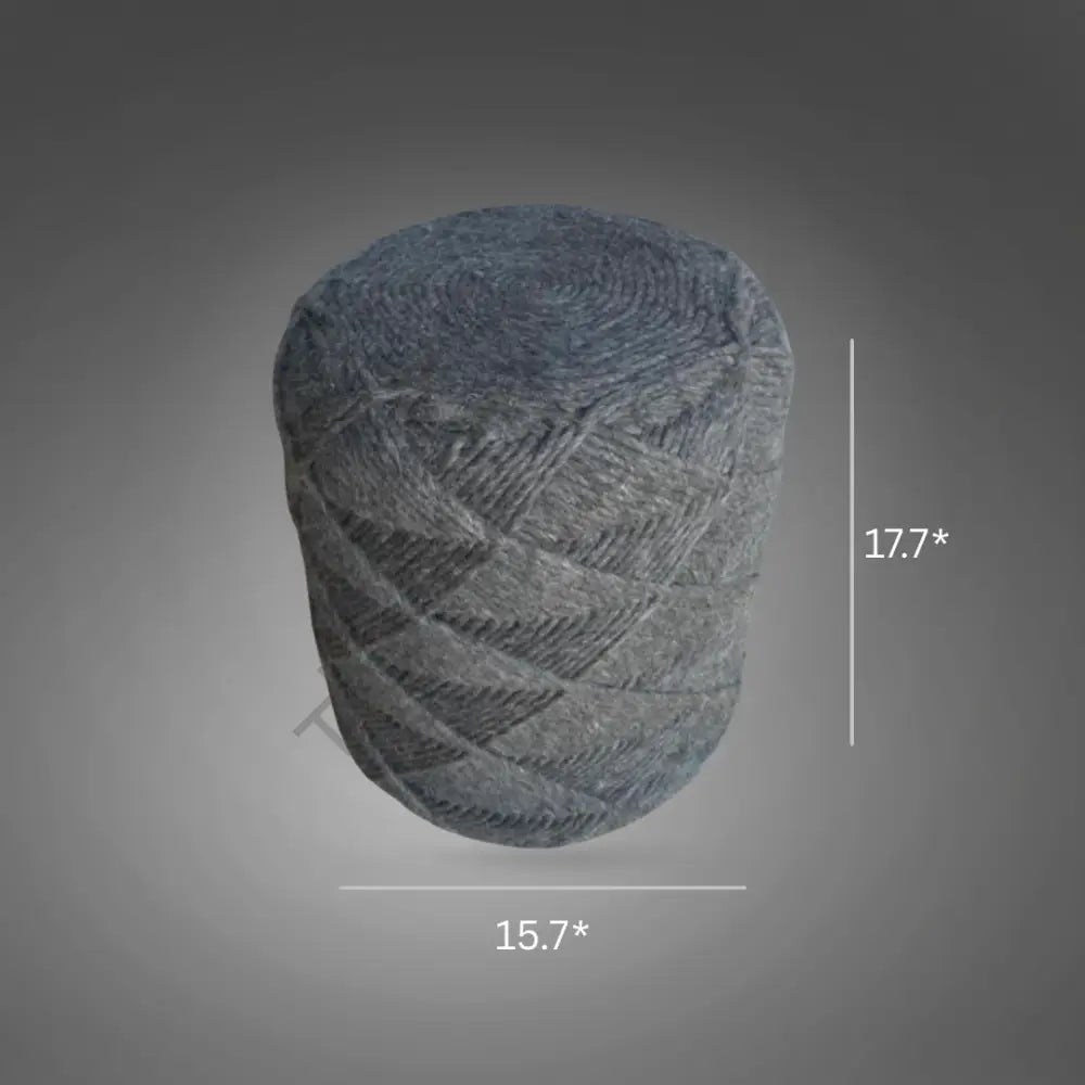 Handwoven gray chevron wool pouf floor seating stool for modern living room decor. - 3