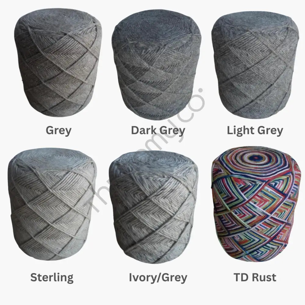 Handwoven gray chevron wool pouf floor seating stool for modern living room decor. - 4