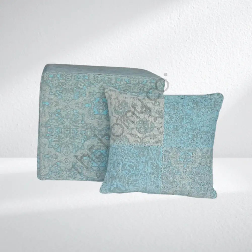 Handwoven vintage pattern fabric square ottoman pouf with matching cushion for bohemian living room decor. - 4