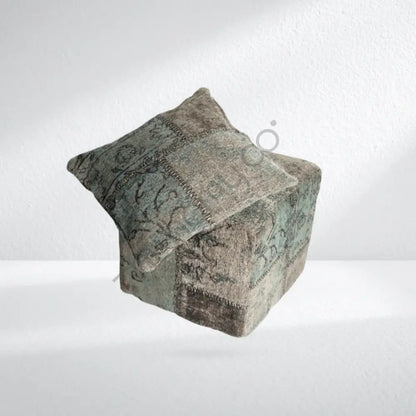 Handwoven vintage pattern fabric square ottoman pouf with matching cushion for bohemian living room decor.