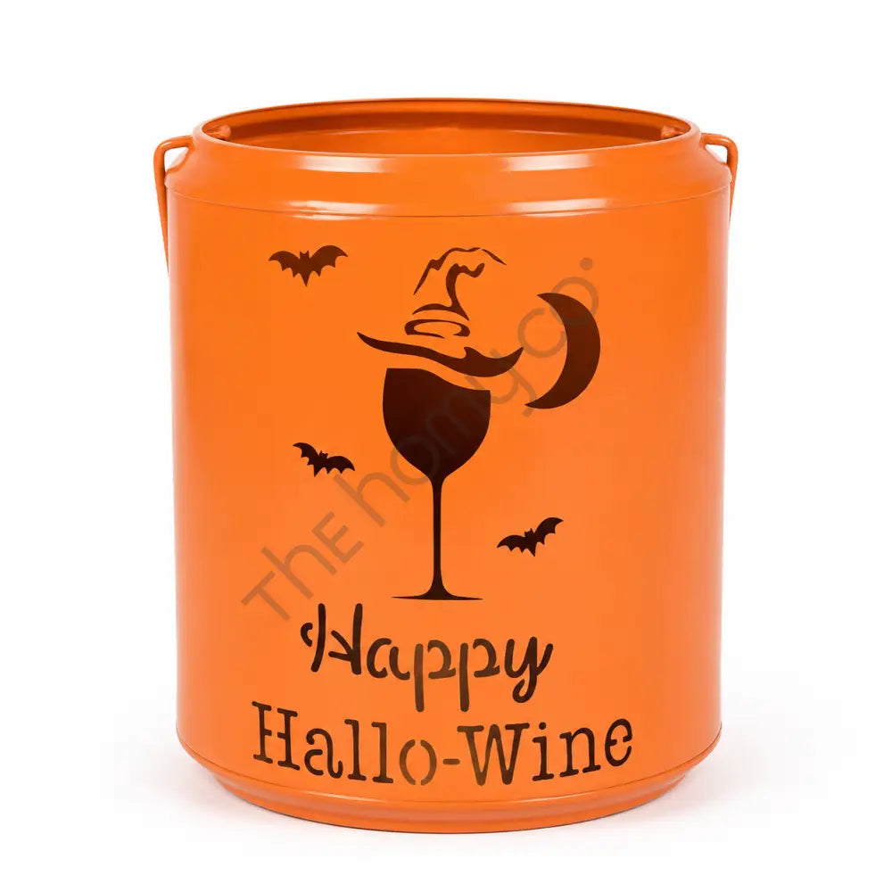 Orange Happy Hallo-Wine metal bucket with witch hat and wine glass design for Halloween candy and party decor.