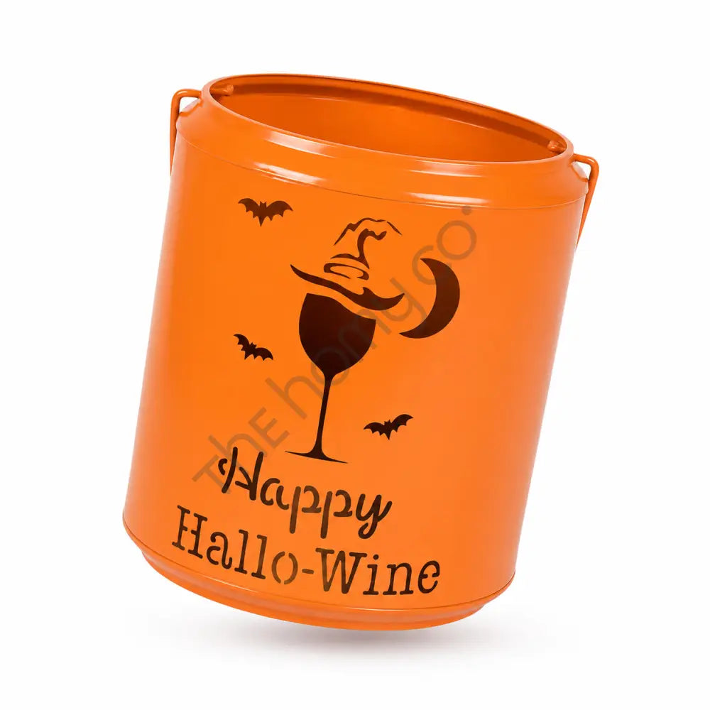 Orange Happy Hallo-Wine metal bucket with witch hat and wine glass design for Halloween candy and party decor. - 2