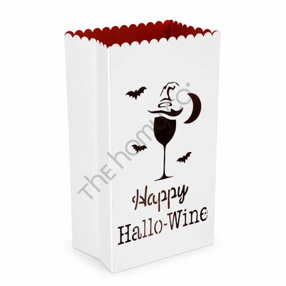 White metal "Happy Hallo-Wine" luminary lantern bag with wine glass and witch hat cutouts for Halloween decor.