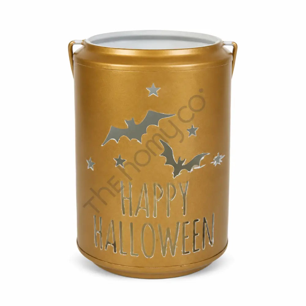 Elegant gold metal Happy Halloween candle lantern holder with bat and star cutouts for festive holiday decor.
