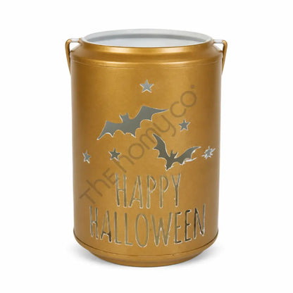 Elegant gold metal Happy Halloween candle lantern holder with bat and star cutouts for festive holiday decor.