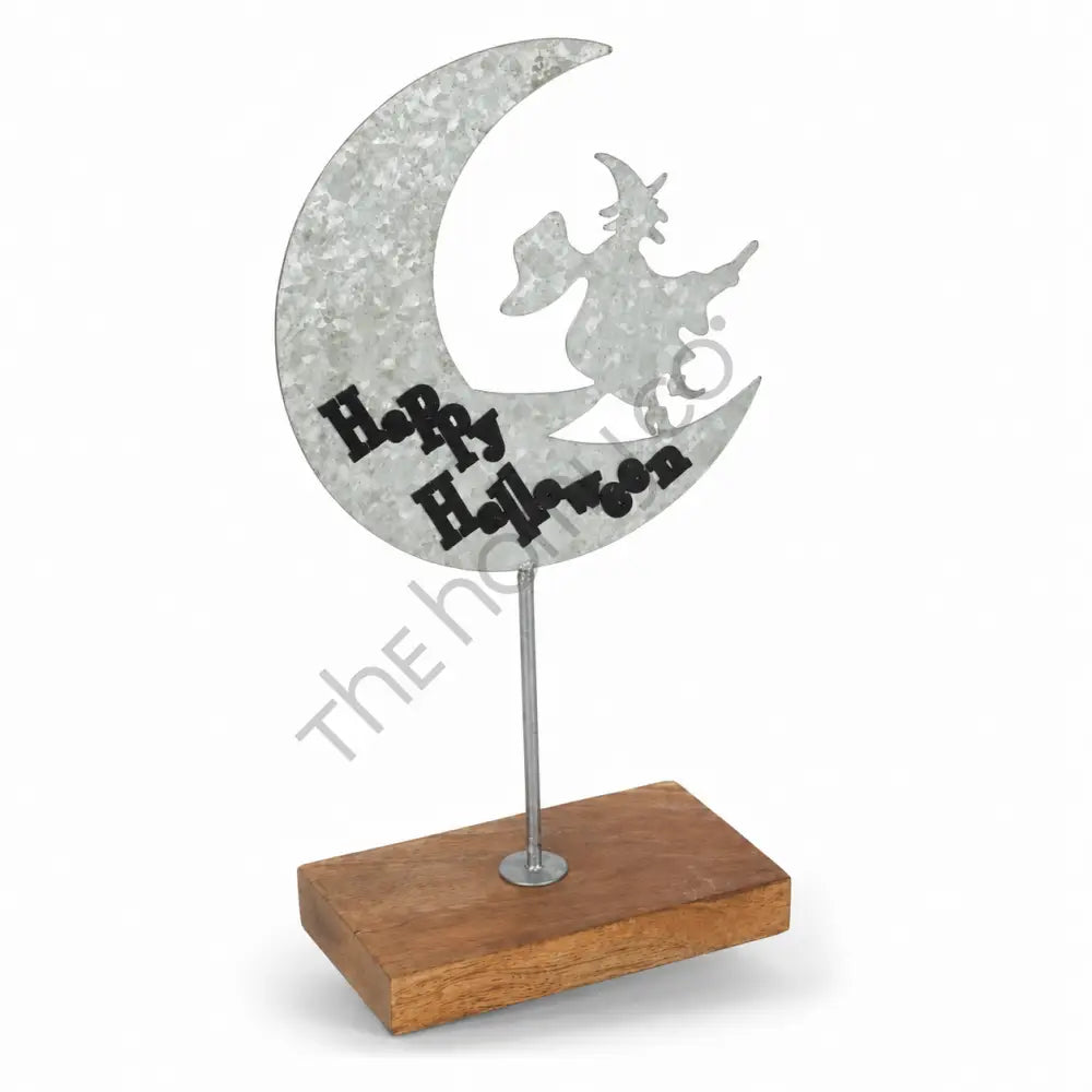 Happy Halloween moon witch silhouette on a crescent moon with a rustic galvanized metal finish and wooden base for tabletop decor. - 2