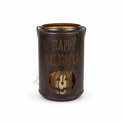 Rustic black metal "Happy Halloween" pumpkin candle lantern for spooky seasonal home decor.