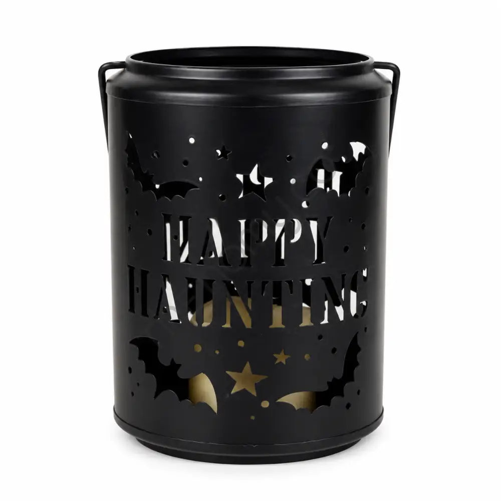 Black metal Happy Haunting Halloween candle lantern holder featuring bat and star cutouts for spooky home decor.