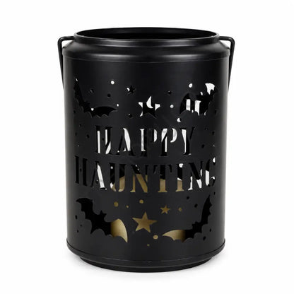 Black metal Happy Haunting Halloween candle lantern holder featuring bat and star cutouts for spooky home decor.