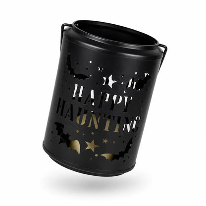 Black metal Happy Haunting Halloween candle lantern holder featuring bat and star cutouts for spooky home decor. - 2