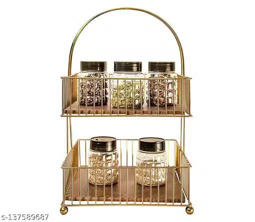 Two-Tier Gold Metal Storage Basket Stand | Countertop Organizer with Wooden Shelves