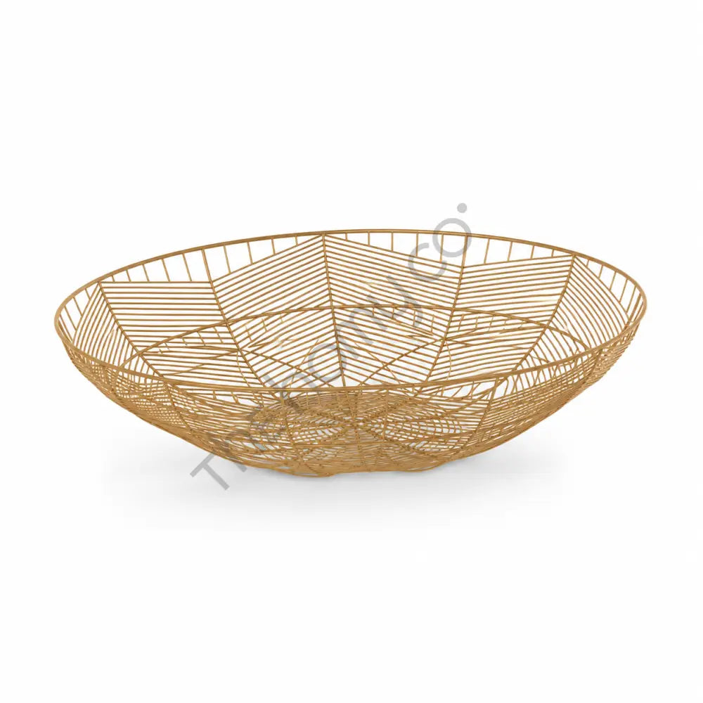 Large gold metal geometric wire basket centerpiece and fruit bowl with modern open wire design.