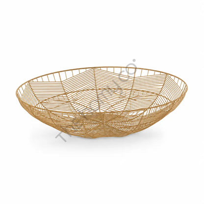 Large gold metal geometric wire basket centerpiece and fruit bowl with modern open wire design.