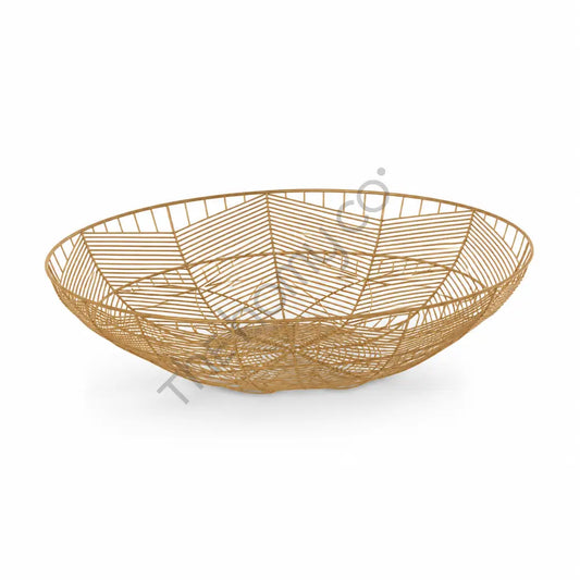Large gold metal geometric wire basket centerpiece and fruit bowl with modern open wire design.