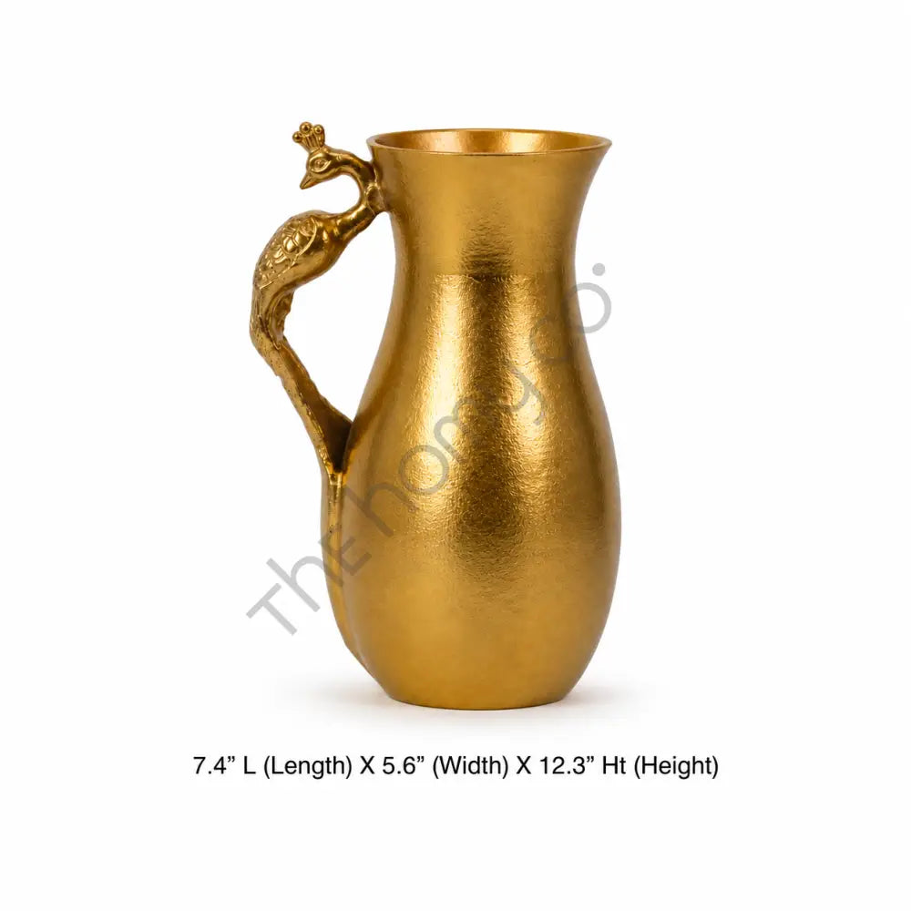 Luxury gold metal pitcher vase with a sculpted peacock handle and textured metallic finish for elegant home decor. - 3