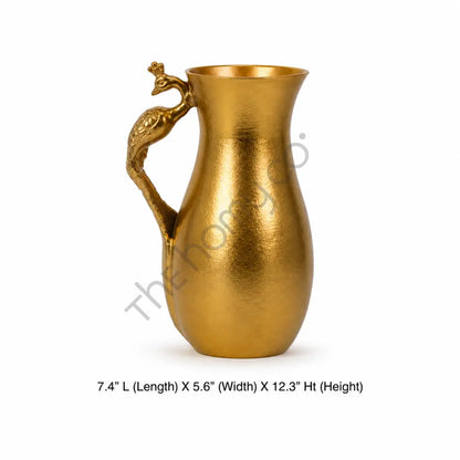 Luxury gold metal pitcher vase with a sculpted peacock handle and textured metallic finish for elegant home decor. - 3