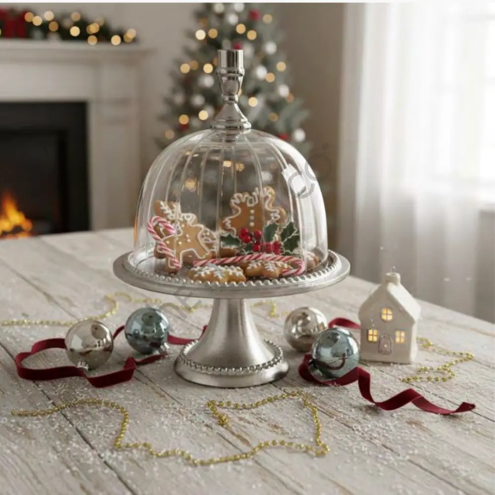 Elegant metal cake stand with clear glass dome for dessert serving and table display. - 4
